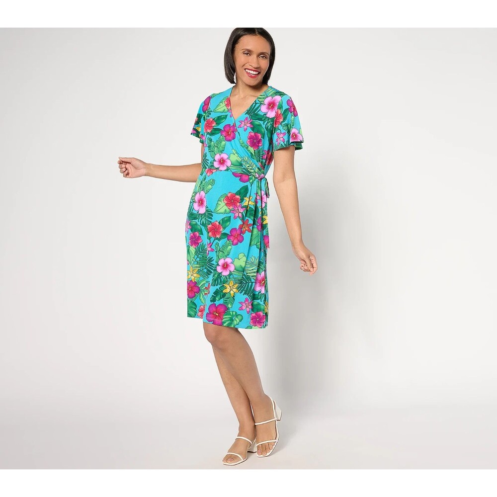 Susan Graver Liquid Knit Faux Wrap Dress Medium Green Tropical Resort Hawaiian